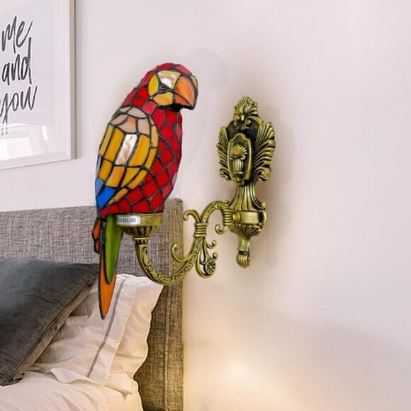 NEW! Tiffany Red Parrot Wall Light Handmade Stained Glass Gooseneck Wall Sconce - Picture 3 of 6